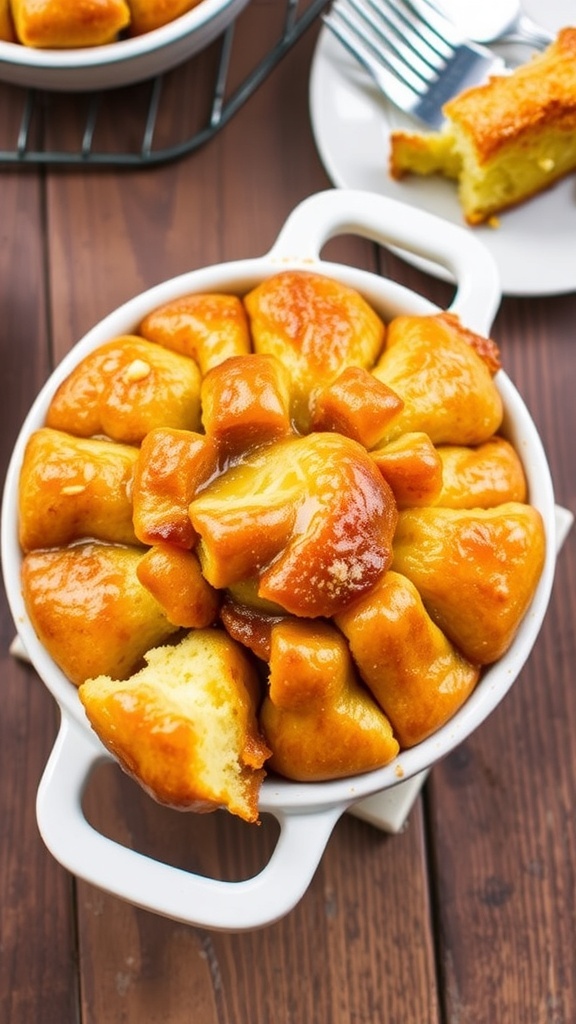 Mini monkey bread in a baking dish, golden brown and fluffy, ready to be pulled apart and enjoyed.
